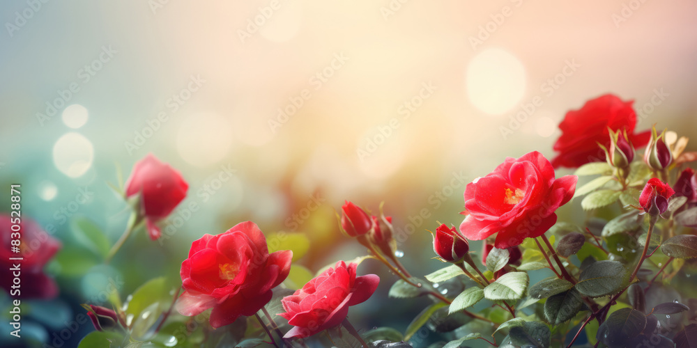 Obraz premium Red Roses in rose garden. Beautiful Rose Flowers. Floral background for greeting card for Birthday, Mother's day, Women's day, Wedding