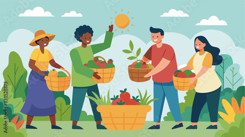 The harvest season is in full swing with baskets b with fresh produce as members of the community garden come together to gather and share their bountiful crops.. Vector illustration