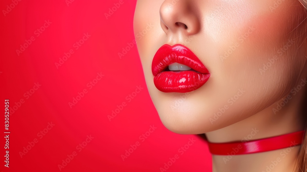 A woman's face in close-up, adorned with a red choker against a bold, red backdrop A woman's face in close-up, adorned with a red choker against a bold, red backdrop
