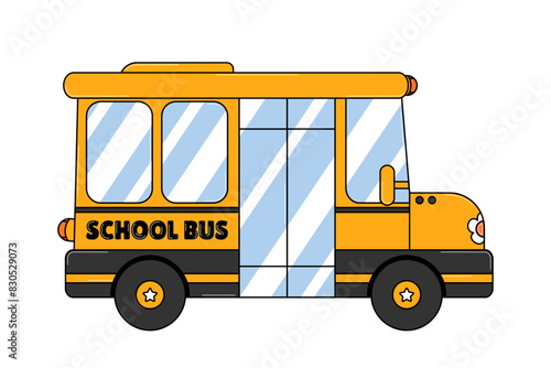 Back to school retro cute character. Funny school bus. Funky groovy element on a transparent background. Contemporary vector illustration.