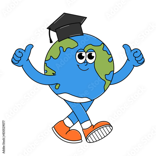 Back to school retro funky character. Cute walking Earth globe with graduation cap. Funky groovy personage on a transparent background. Contemporary vector illustration.