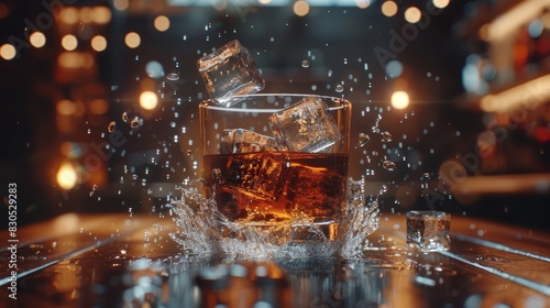  A glass of whiskey on a wooden table  surrounded by a blurred backdrop of bokeh-like lights