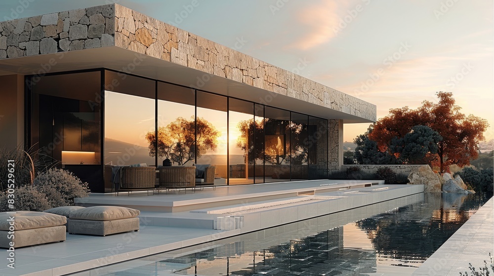 Modern minimalist villa with warm tones with natural stone cladding on one level. Generative AI. Modern minimalist villa with warm tones with natural stone cladding on one level. Generative AI.