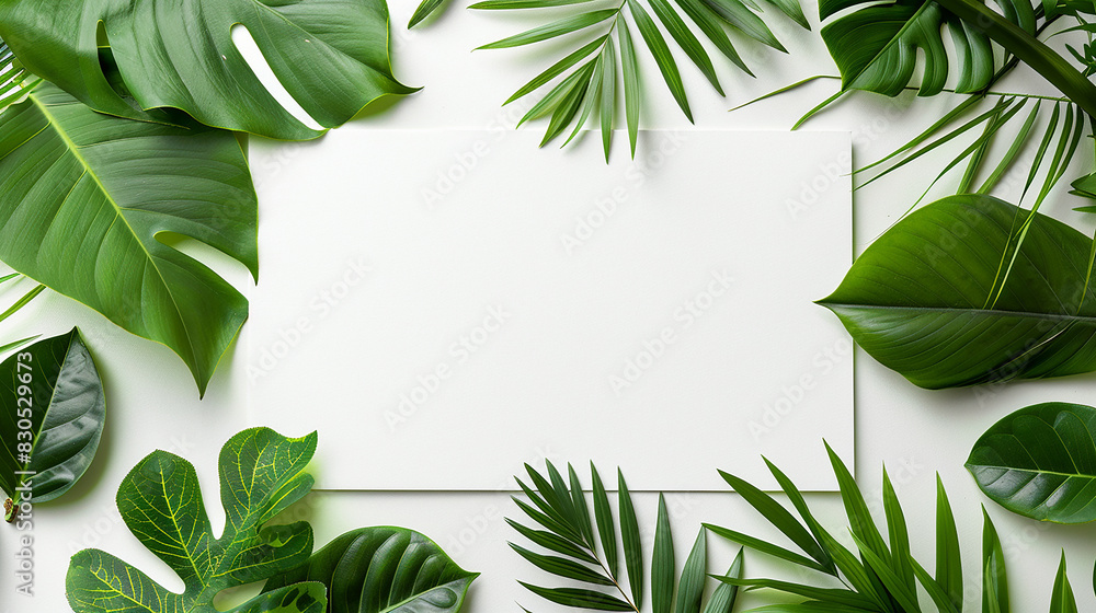 summer tropical leaves with blank paper on white background summer tropical leaves with blank paper on white background