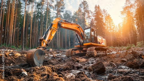 Excavator clearing land, uprooting trees and rocks, forest edge, midday sun photo