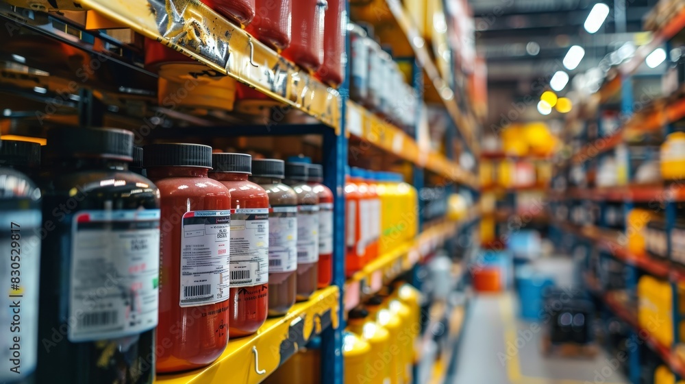 Close-up of labeled hazardous material containers on industrial shelving, highlighting safety features and containment systems Close-up of labeled hazardous material containers on industrial shelving, highlighting safety features and containment systems