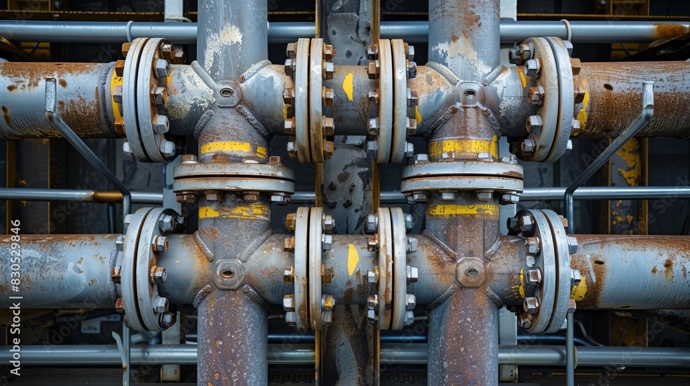 Close-up of steel pipelines and cables interconnected in a hydrogen plant, robust and complex pipe rack design Close-up of steel pipelines and cables interconnected in a hydrogen plant, robust and complex pipe rack design