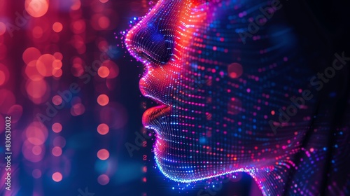 Double exposure of a human mouth and a holographic voice recognition display, featuring speech-to-text data and audio analysis photo