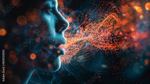 Double exposure of a person speaking and a futuristic digital interface with voice recognition analysis, highlighting sound waves photo