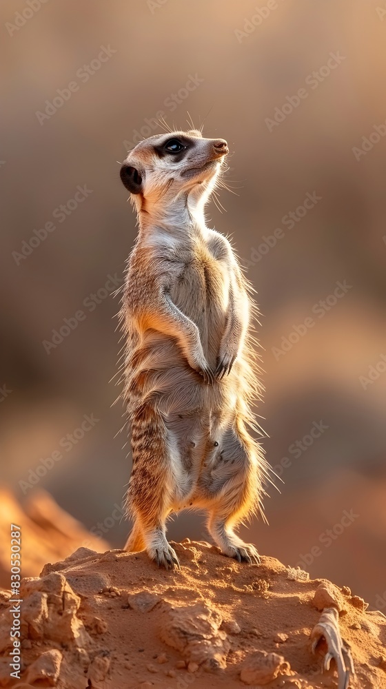 Meerkat Standing Vigilantly on Desert Lookout Curious and Alert in Sunlit Habitat Meerkat Standing Vigilantly on Desert Lookout Curious and Alert in Sunlit Habitat
