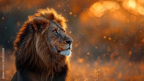 Majestic Lion With Flowing Mane Staring Intently Amidst Dramatic African Sunset Landscape
