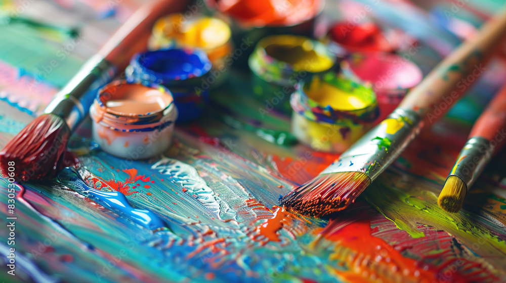 Fototapeta premium Colorful palette paints and brushes