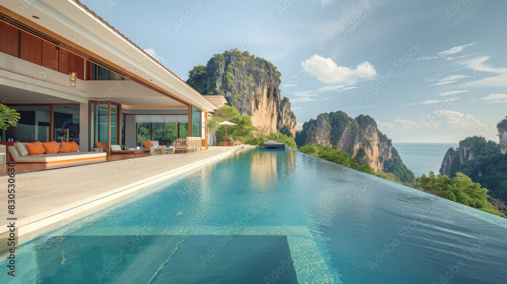 Luxurious tropical pool villa in Thailand, with a breathtaking view of limestone cliffs in the background. Generative AI.