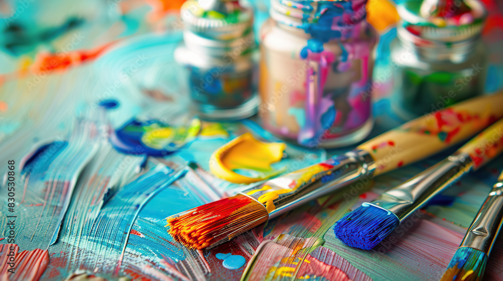 Colorful palette paints and brushes Colorful palette paints and brushes
