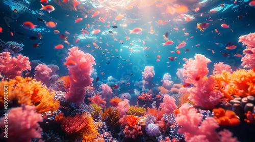 colorful underwater view with coral  reef  fish  marine life  marine nature. Wall Art Poster Print Design for Home Decor  Decoration Artwork  High Resolution Wallpaper and Background for Computer