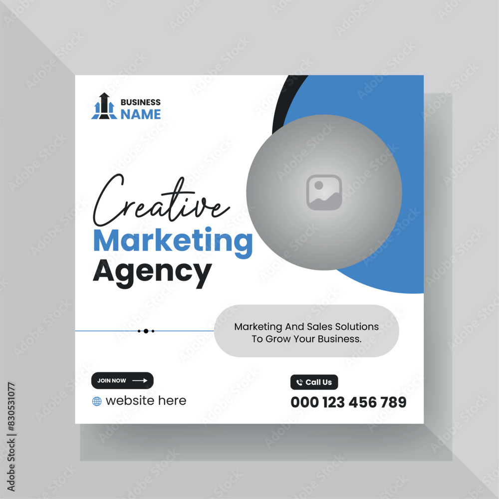 Fototapeta premium Modern Digital Marketing Agency Social Media Post For Business. Abstract Advertisement Square Web Post for Company Promotion with Blue and Black Color Accent.