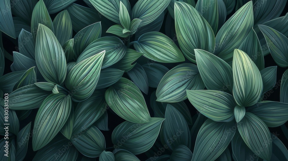 A tight shot of verdant leaves against a black backdrop, adorned with a thin emerald band above and below A tight shot of verdant leaves against a black backdrop, adorned with a thin emerald band above and below