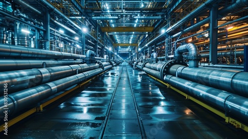 Expansive view of steel pipelines and cables in an oil production facility, detailed pipe rack infrastructure