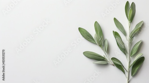  A sprig of green leaves against a clean white background  ideal for inserting text or an image on cards  postcards  or brochures