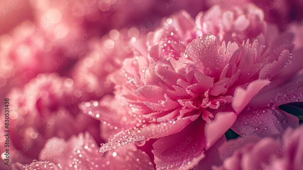 A close-up of a pink flower with dewdrops on its petals and a blurred backdrop of water droplets A close-up of a pink flower with dewdrops on its petals and a blurred backdrop of water droplets