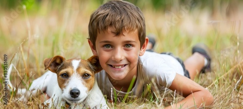 Adorable 5-year-old boy sweetly hugging his small furry dog with affection and tenderness photo