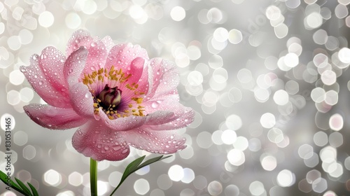  A tight shot of a pink flower with dewdrops on its petals and fairy lights in the image s background