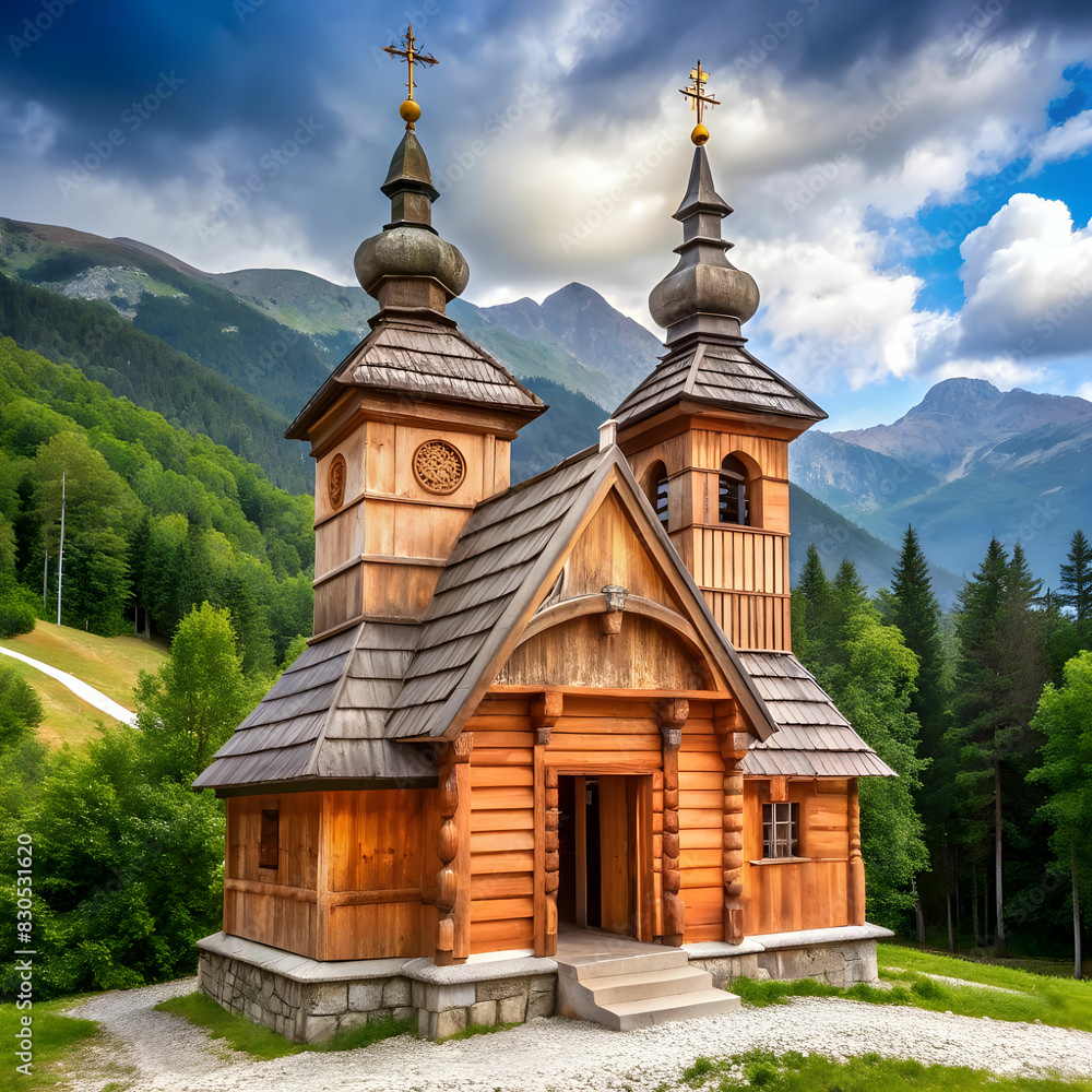 Russian Chapel on the Vrsic Pass, first world war memorial in the Slovenian Alps, Europe Russian Chapel on the Vrsic Pass, first world war memorial in the Slovenian Alps, Europe