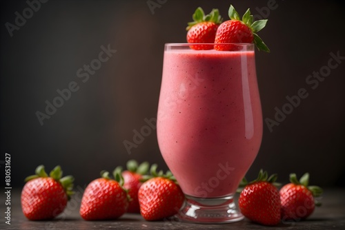 Strawberry smoothie or milkshake in a glass with fresh berries. Summer refreshing drink 