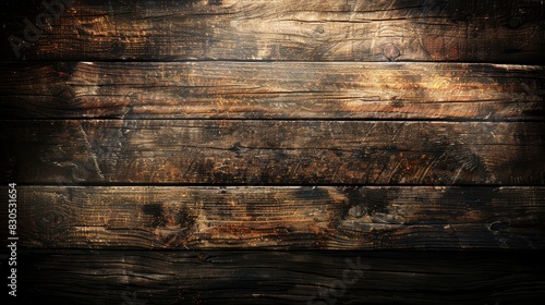  A tight shot of weathered wood, its surface exhibiting a grunge texture The wood grain at the top of the planks is noticeably peeling photo