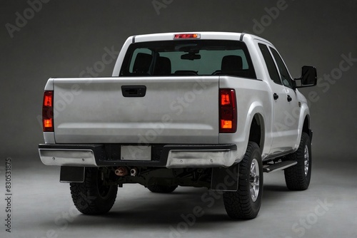 Pickup truck rear view, including the taillights, rear bumper, rear wheels, and the side profile of the truck