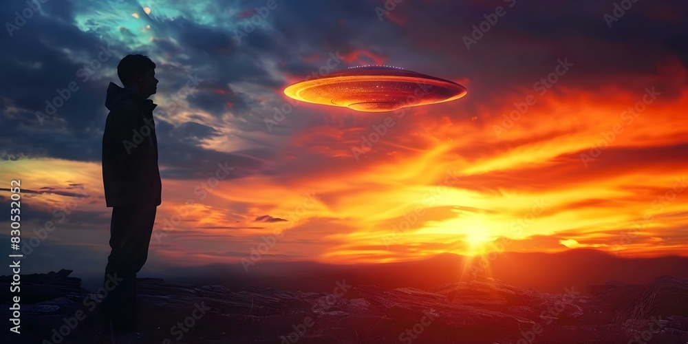 Man observes unidentified flying object in the sky, potentially indicating an alien invasion. Concept Alien Invasion, Unidentified Flying Object, Mysterious Sightings, Extraterrestrial Encounter Man observes unidentified flying object in the sky, potentially indicating an alien invasion. Concept Alien Invasion, Unidentified Flying Object, Mysterious Sightings, Extraterrestrial Encounter