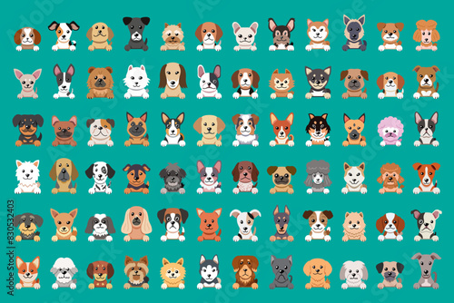 Different type of vector cartoon dog faces for design.