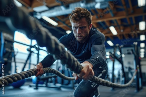 A dedicated man uses a battle rope in a state-of-the-art gym, demonstrating his stamina and power. The gym's modern design and high-tech equipment are captured in the background, creating an
