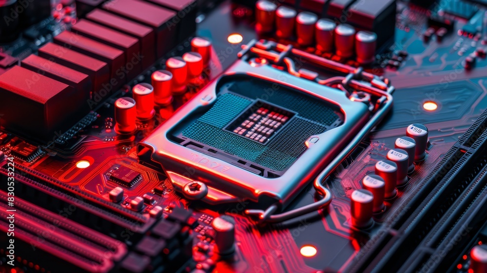 A tight shot of a computer motherboard, displaying red and blue lights atop and red lights beneath The bottom features red, black, and red lighting A tight shot of a computer motherboard, displaying red and blue lights atop and red lights beneath The bottom features red, black, and red lighting