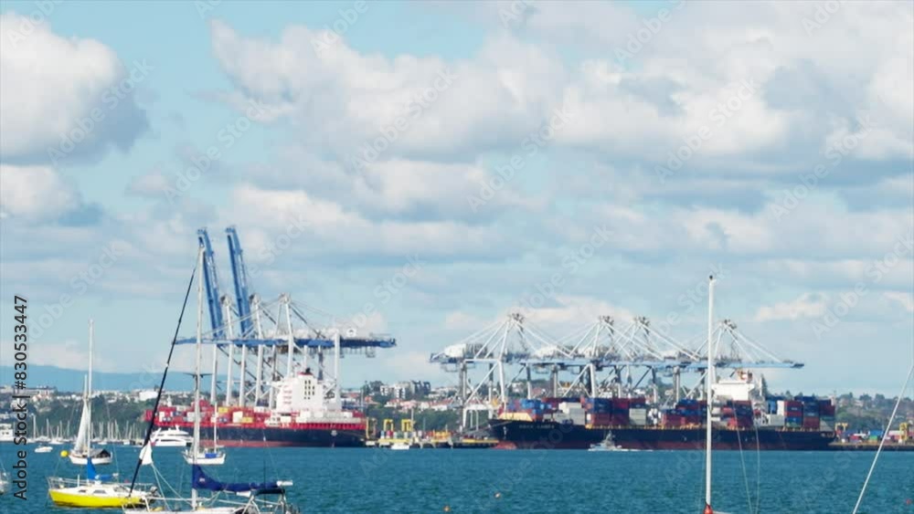 Large freight ships at port in Auckland harbour, New Zealand Large freight ships at port in Auckland harbour, New Zealand