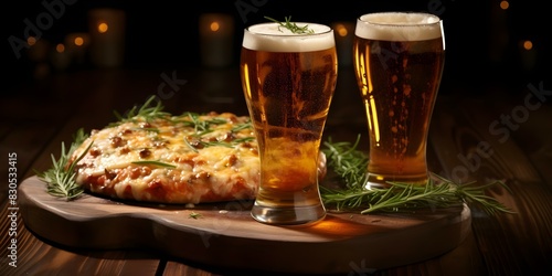 Beer and Pizza Glasses on Table: A Close-Up Shot. Concept Food and Drink Photography, Close-Up Shots, Beer and Pizza Pairing, Table Setting Ideas