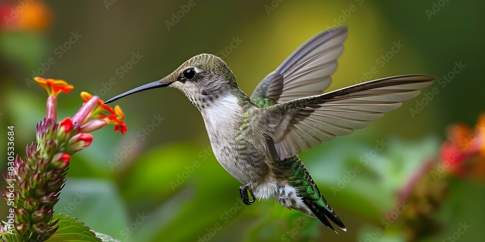 Fototapeta premium Capturing Nature's Beauty: A Hummingbird's Graceful Feeding. Concept Nature Photography, Wildlife Close-ups, Hummingbird Behavior, Birdwatching Techniques