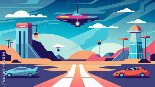 As I descended closer to ground level I could see busy landing pads and docked flying cars the futuristic equivalent of a parking lot.. Vector illustration photo