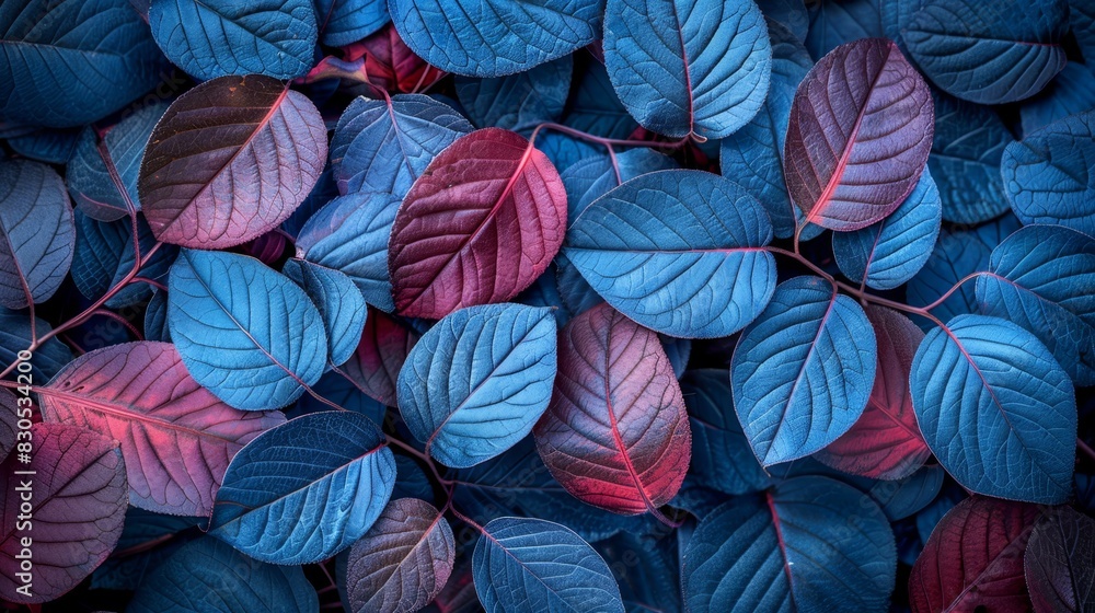 red and blue leaves cluster on the right; left side holds red and blue leaves red and blue leaves cluster on the right; left side holds red and blue leaves