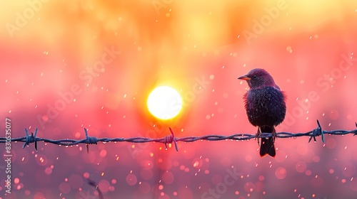  A bird sits on a barbed wire fence as the sun sets in the background Behind the bird, there's a barbed wire fence with its characteristic sharp points photo