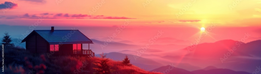 Obraz premium Close-up of a mountain sunrise with a vivid sky, copy space, double exposure silhouette with a cabin