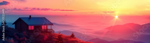 Close-up of a mountain sunrise with a vivid sky  copy space  double exposure silhouette with a cabin
