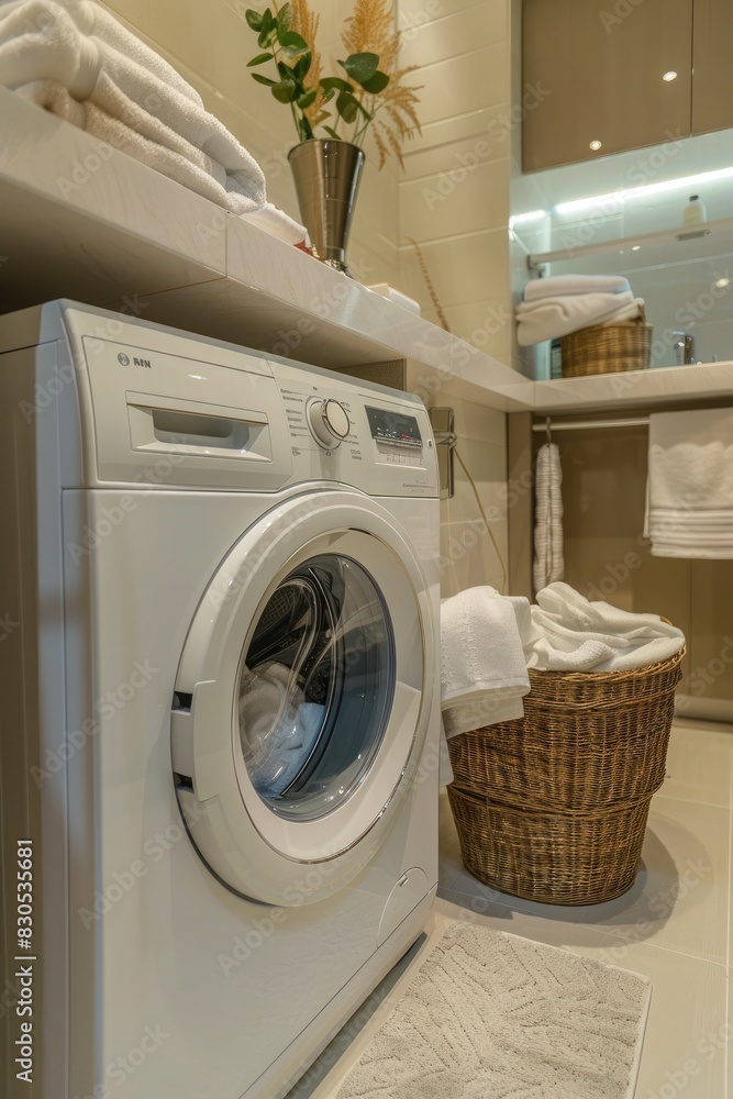 A white washing machine with clothes, placed either in the kitchen or laundry room A white washing machine with clothes, placed either in the kitchen or laundry room