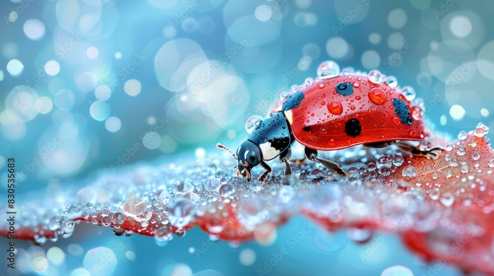 A ladybug perched on a water-speckled leaf, its body also dotted with clinging raindrops A ladybug perched on a water-speckled leaf, its body also dotted with clinging raindrops