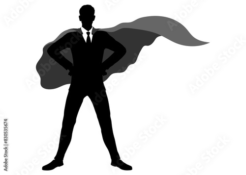 スーツ ネクタイ マントを着けたヒーローポーズのサラリーマン男性のシルエット 全身正面のイラスト