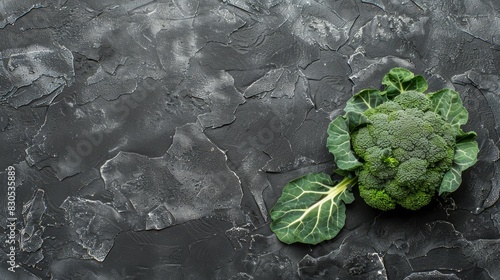  Ahead of broccoli head and a single broccoli leaf on a black surface Below, another broccoli leaf lies on a gray patterned ground
