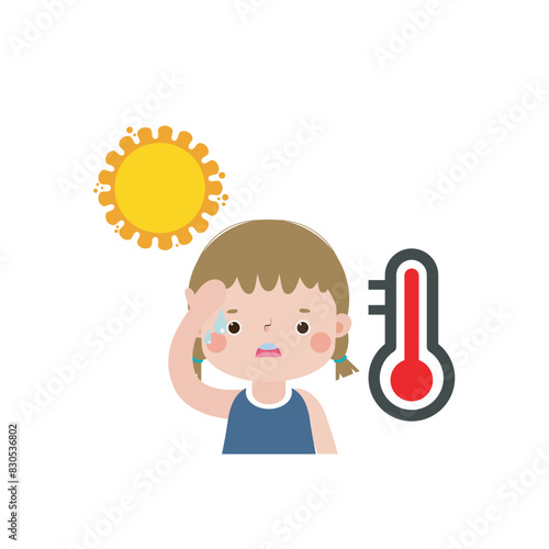 kid with summer Heatstroke, cute cartoon character flat style vector illustration on white background