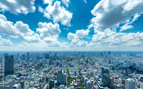 Photo of Japan, Tokyo skyline view from above with blue sky and white clouds, cityscape view of skyscrapers buildings on modern urban background, aerial view, high resolution photography 