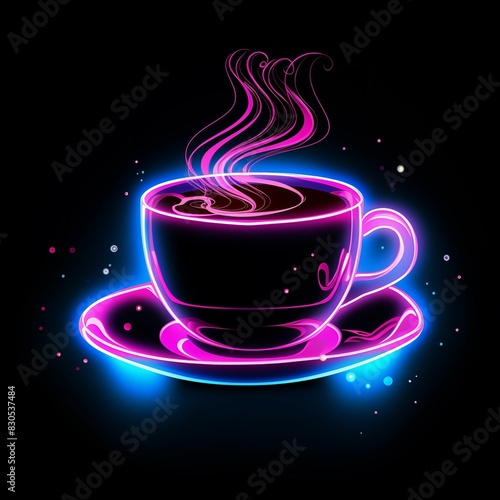 Neon Coffee Cup with Steam  Glowing Blue and Pink  Abstract Design