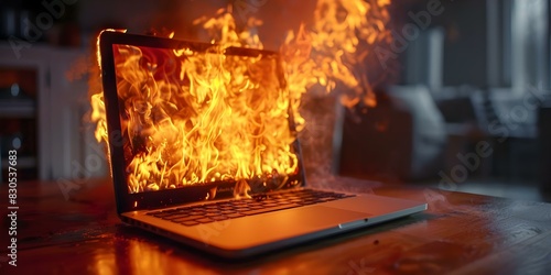 Laptop Ignited by Faulty Lithium Battery Leading to Thermal Runaway. Concept Lithium Battery Hazards, Laptop Safety, Thermal Runaway Risks, Tech Device Fires